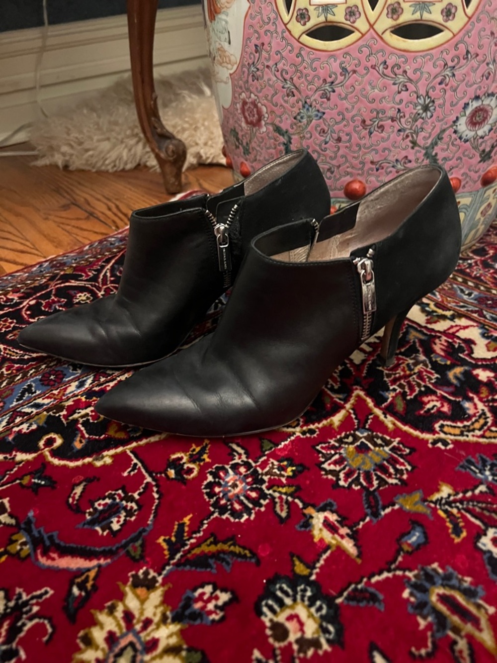 Michael Kors Black Pointed Leather / Suede Ankle Booties with Side Zippers